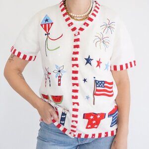 The Quacker Factory White Knit Red Patriotic USA Independence Day Cardigan S